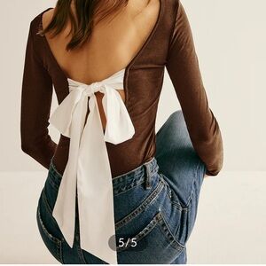 Brown backless long sleeve satin tie T-shirt NWOT